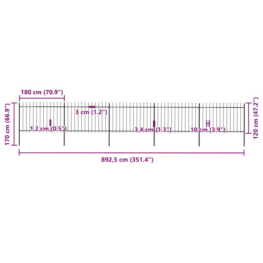 havehegn med spydtop stål 892,5x120 cm sort