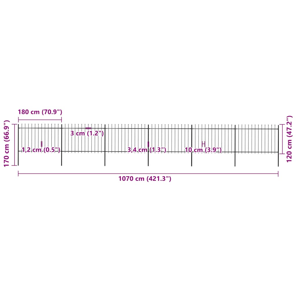 havehegn med spydtop stål 1070x120 cm sort