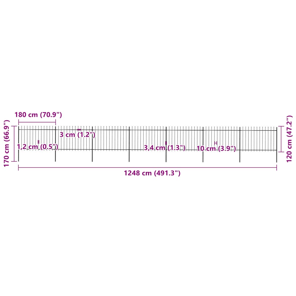 havehegn med spydtop stål 1248x120 cm sort
