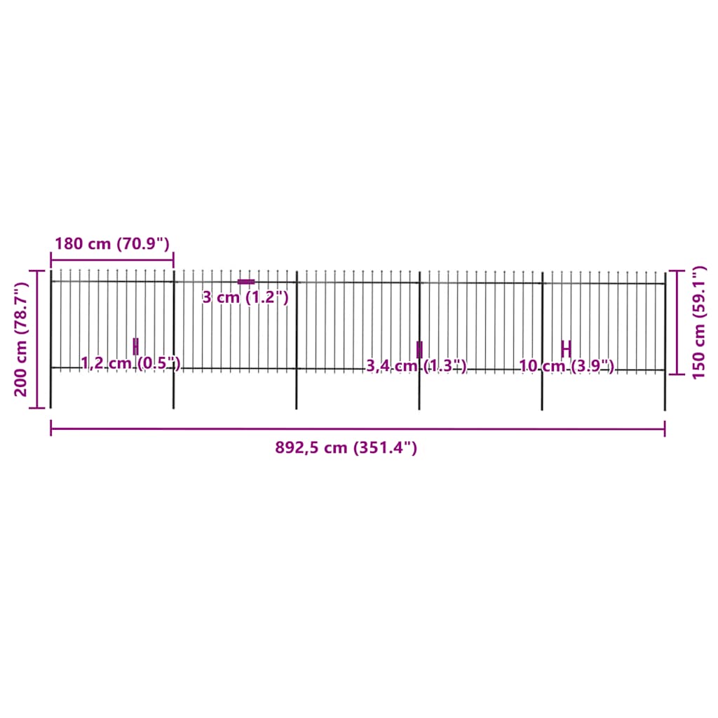 havehegn med spydtop stål 892,5x150 cm sort