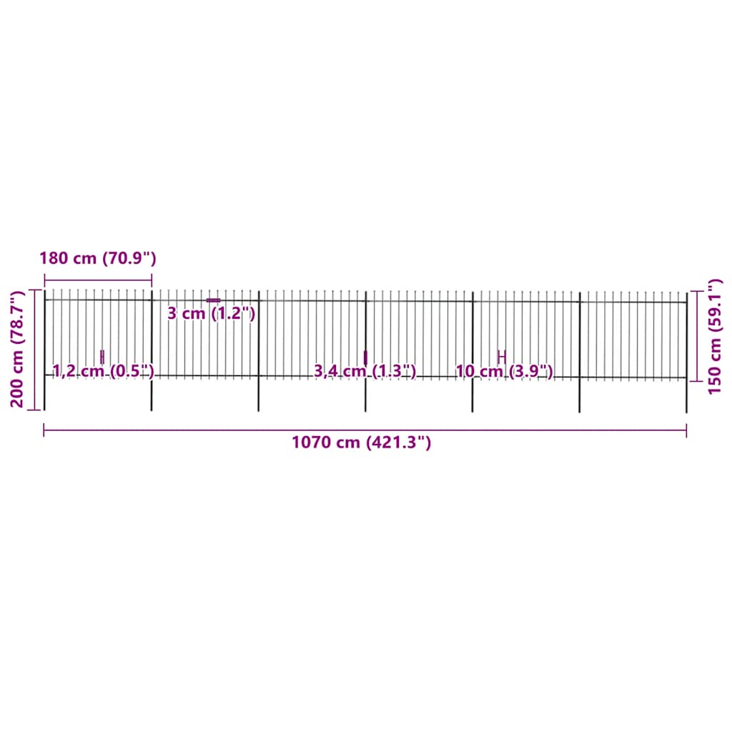 havehegn med spydtop stål 1070x150 cm sort