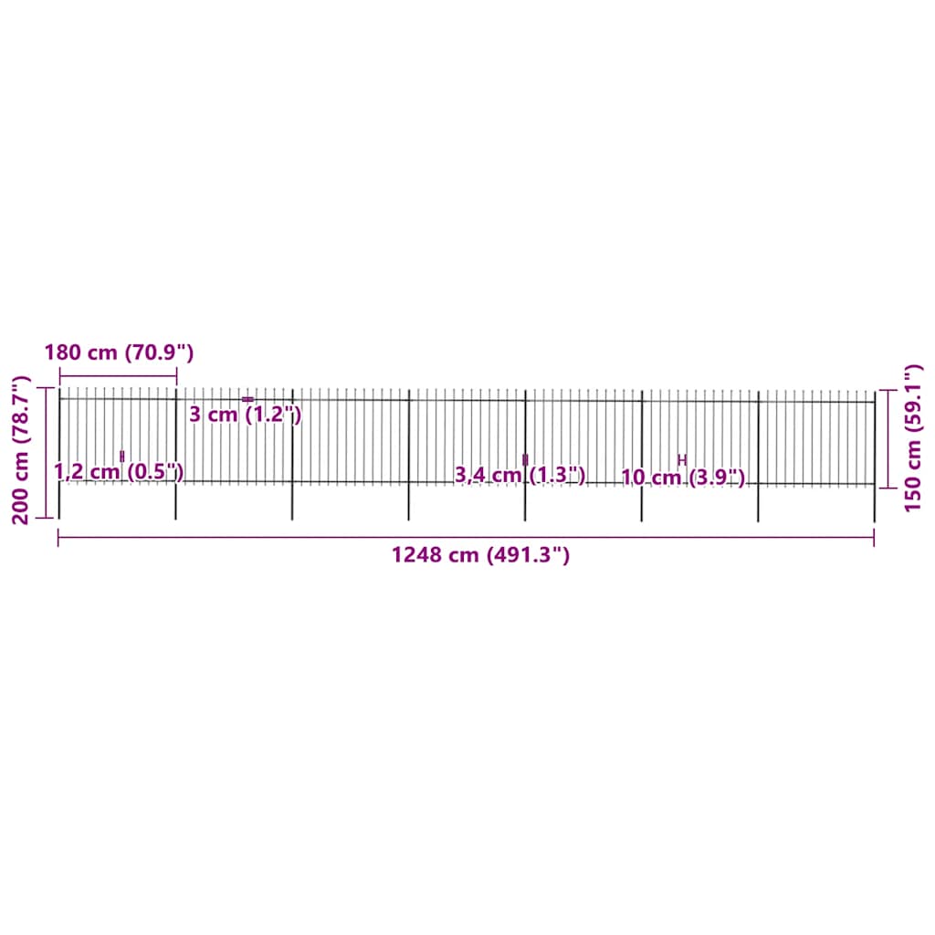 havehegn med spydtop stål 1248x150 cm sort