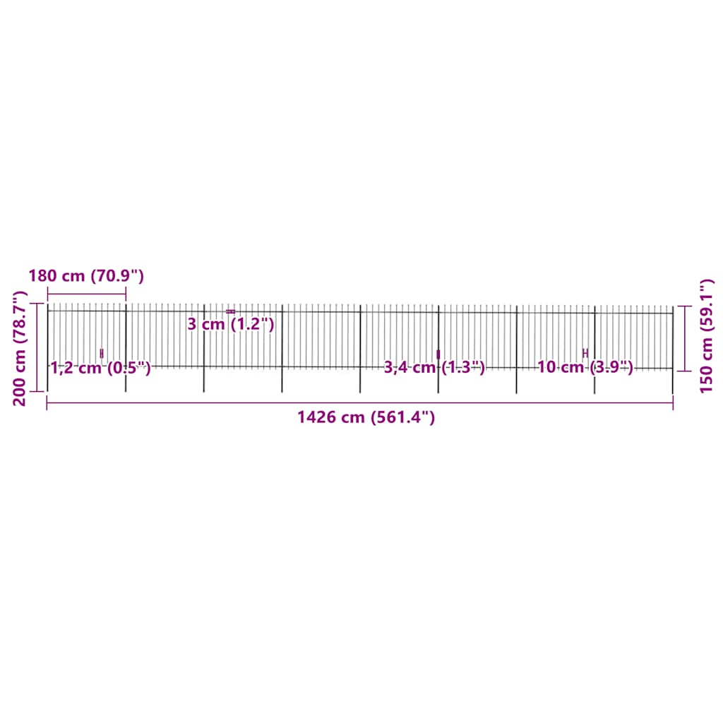 havehegn med spydtop stål 1426x150 cm sort