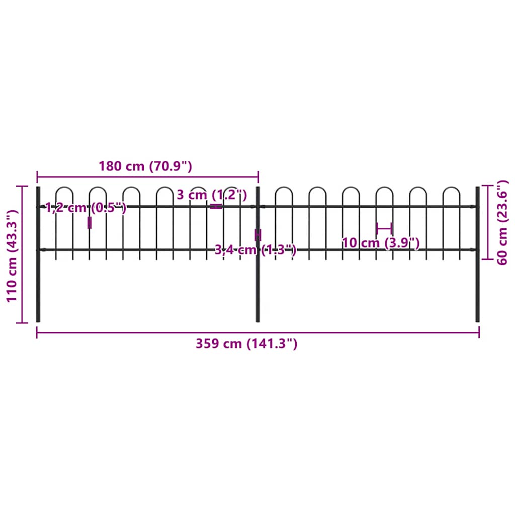 havehegn med bøjleop stål 359x60 cm sort