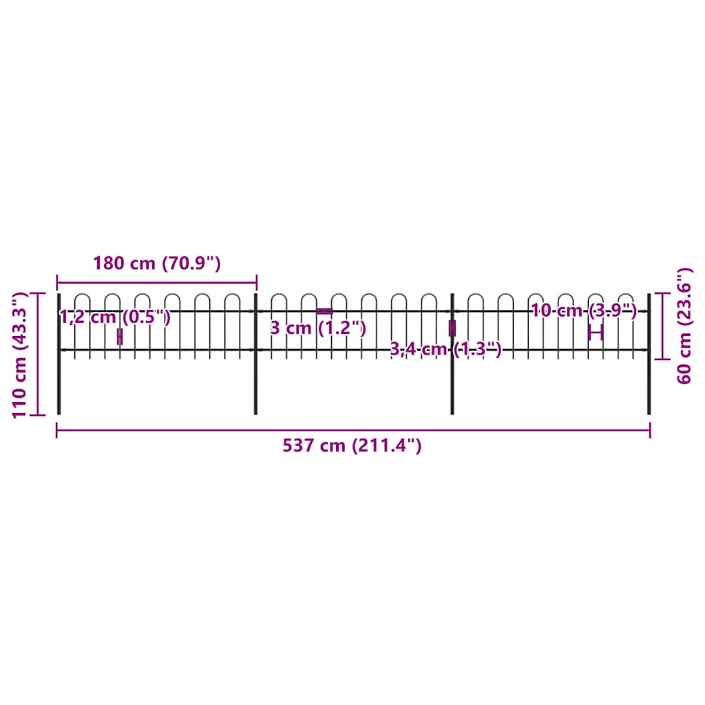 havehegn med bøjleop stål 537x60 cm sort