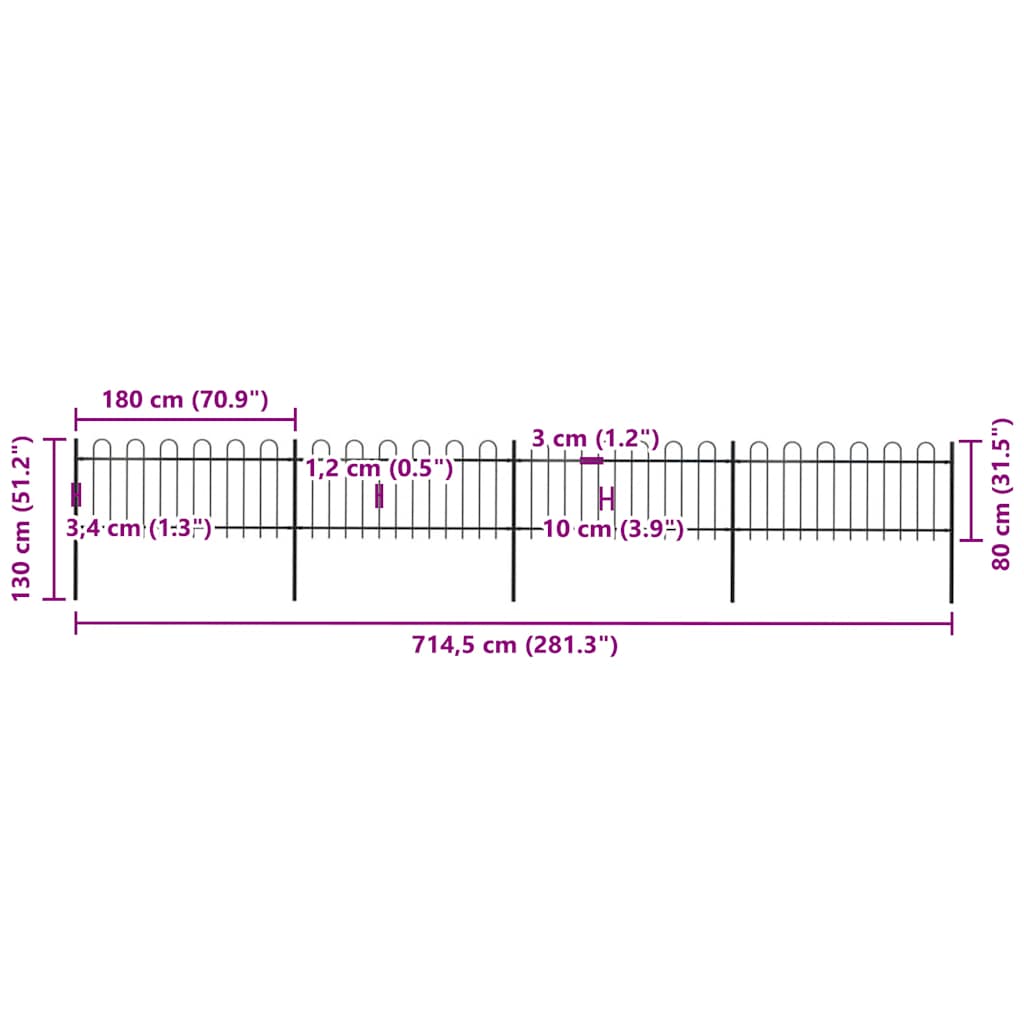 havehegn med bøjleop stål 714,5x80 cm sort