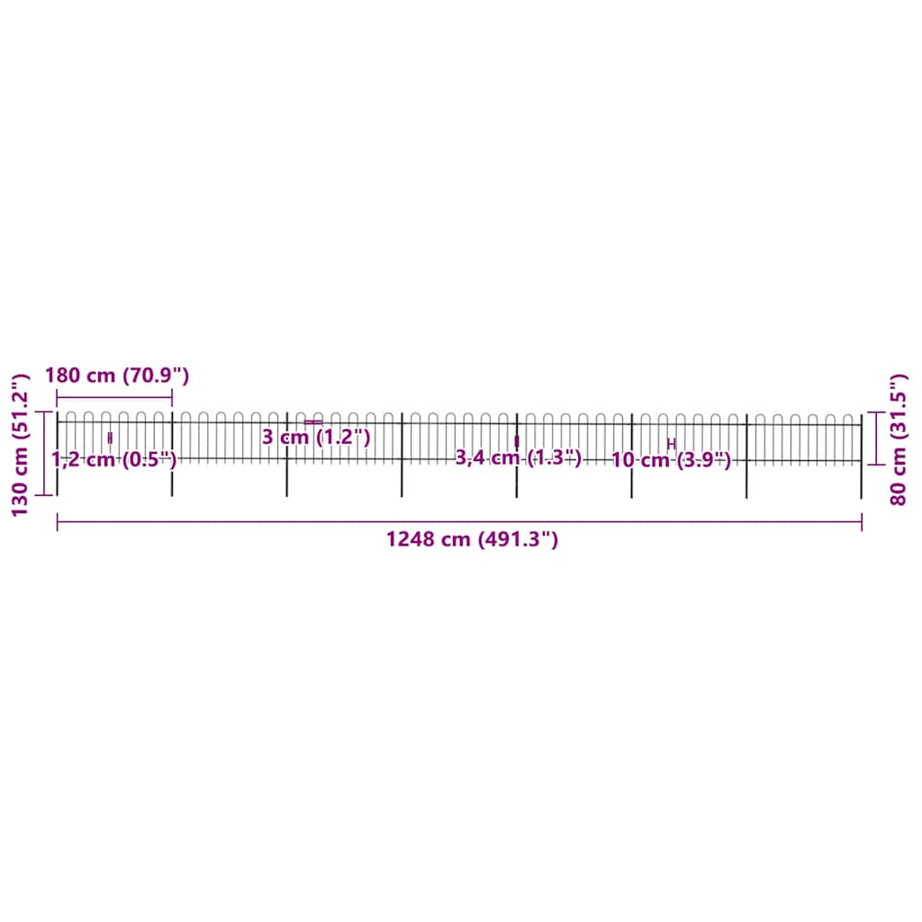 havehegn med bøjleop stål 1248x80 cm sort