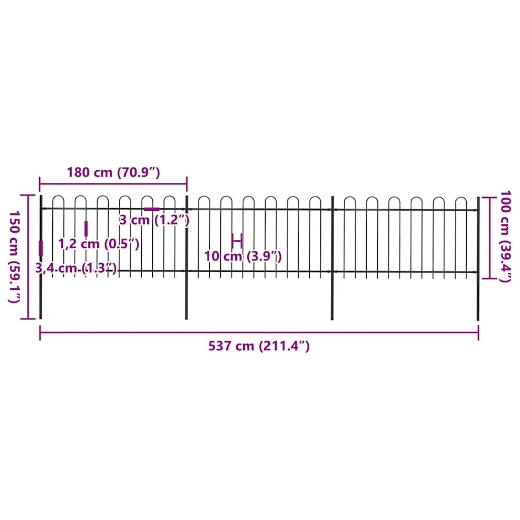 havehegn med bøjleop stål 537x100 cm sort