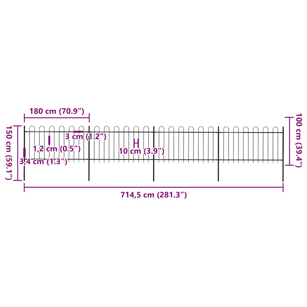havehegn med bøjleop stål 714,5x100 cm sort