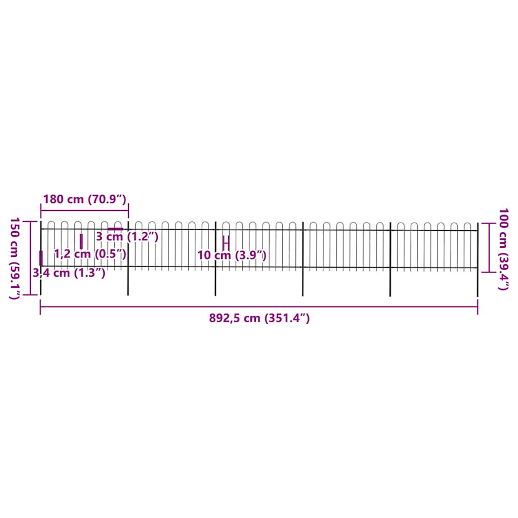 havehegn med bøjleop stål 892,5x100 cm sort