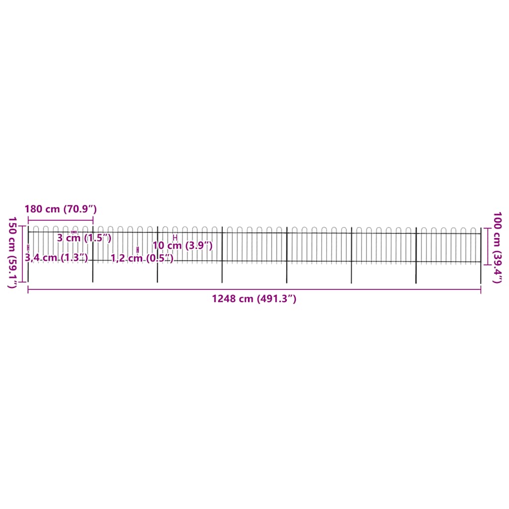 havehegn med bøjleop stål 1248x100 cm sort