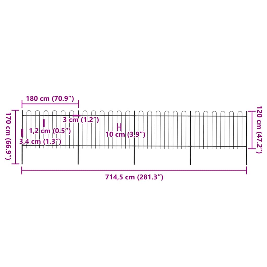 havehegn med bøjleop stål 714,5x120 cm sort