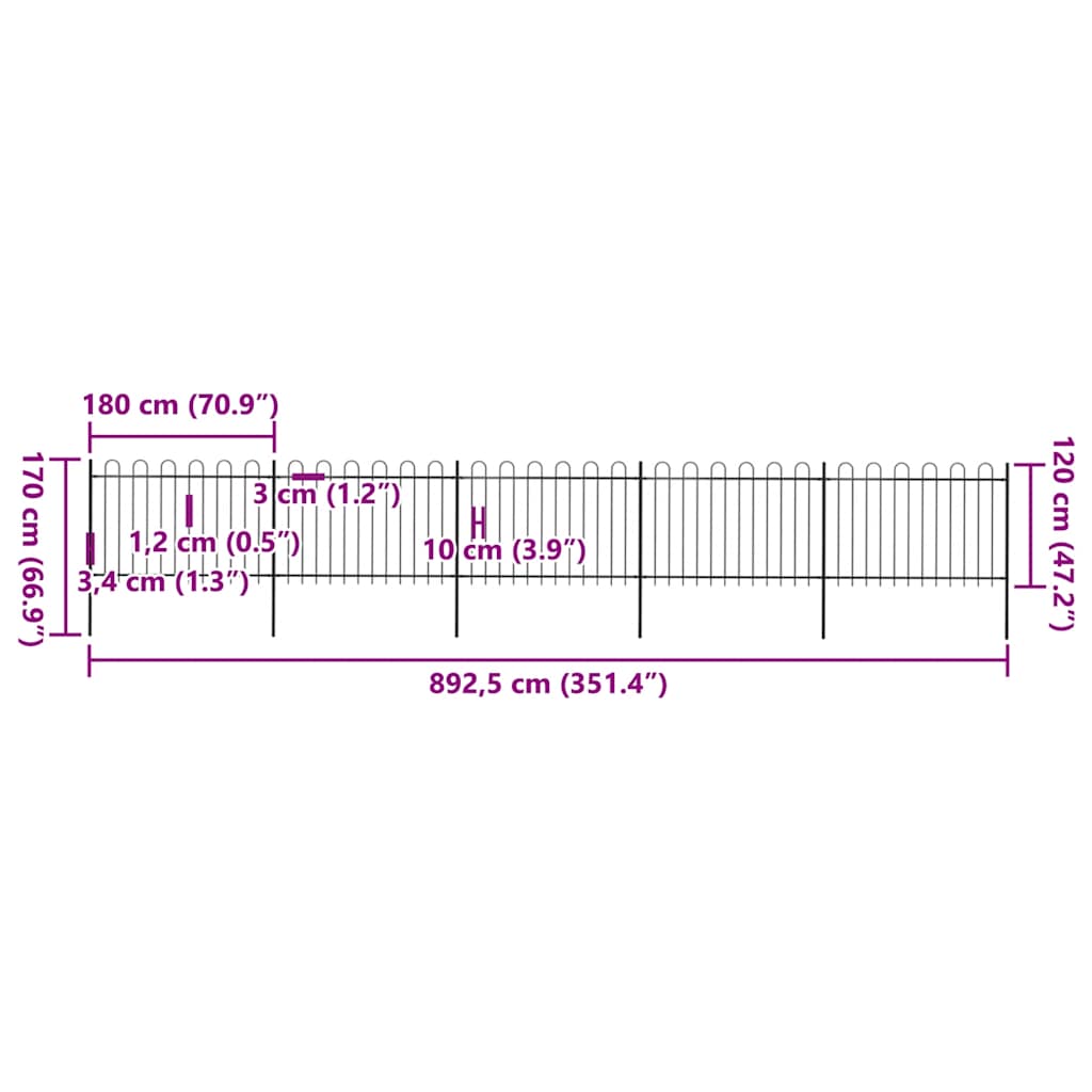 havehegn med buet top 8,5 x 1,2 m sort stål