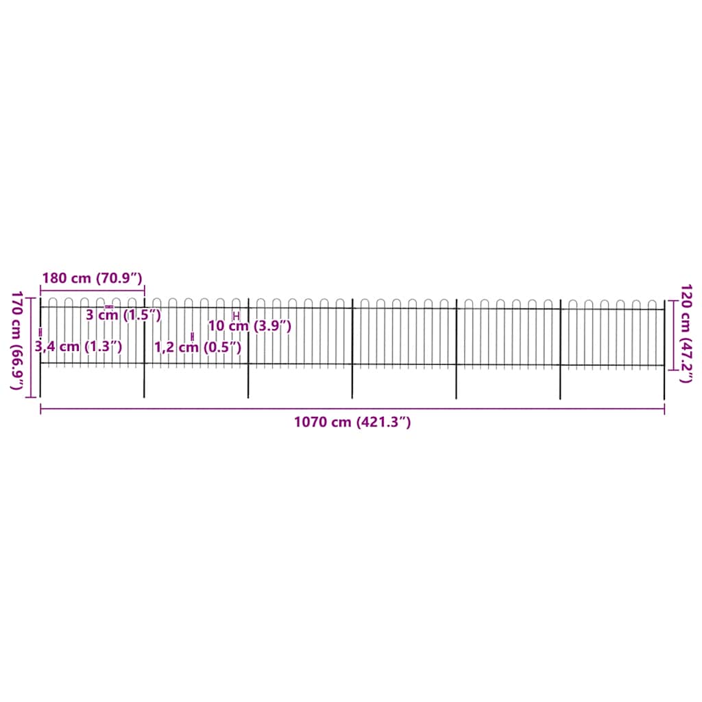 havehegn med bøjleop stål 1070x120 cm sort