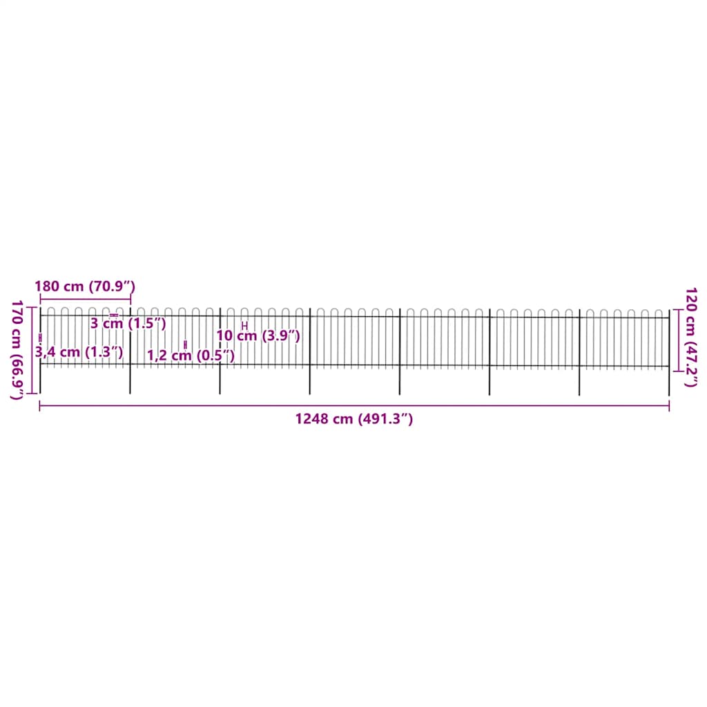 havehegn med bøjleop stål 1248x120 cm sort