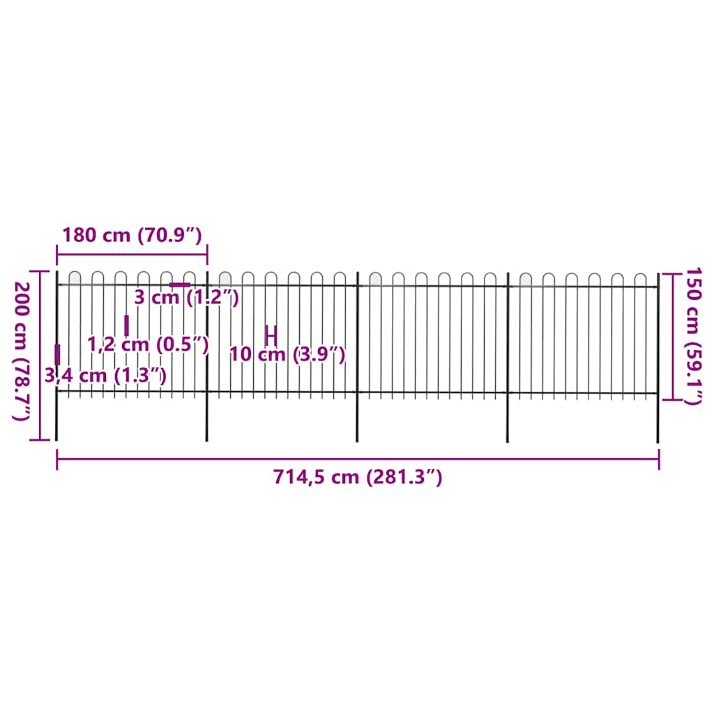 havehegn med bøjleop stål 714,5x150 cm sort
