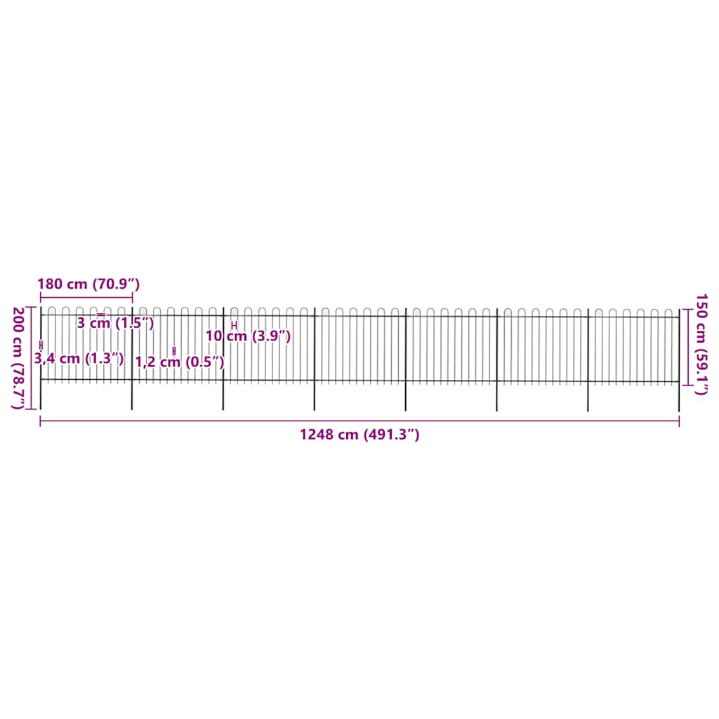 havehegn med bøjleop stål 1248x150 cm sort