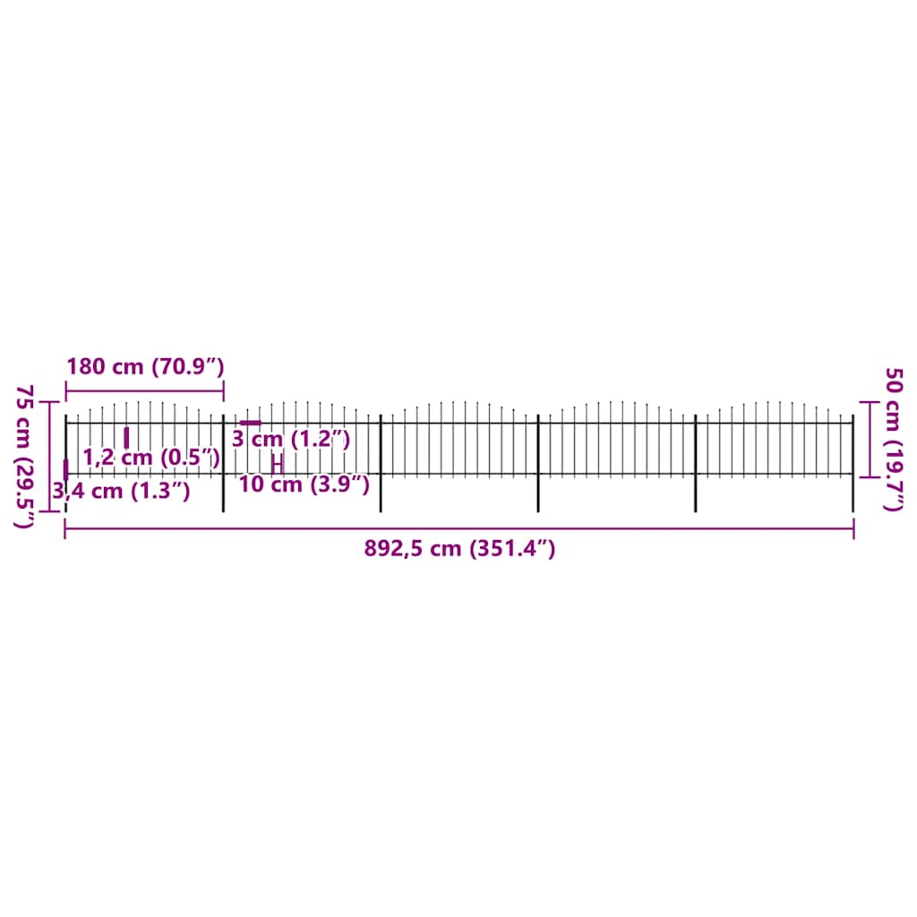 havehegn med spydtop stål 892,5x75 cm sort