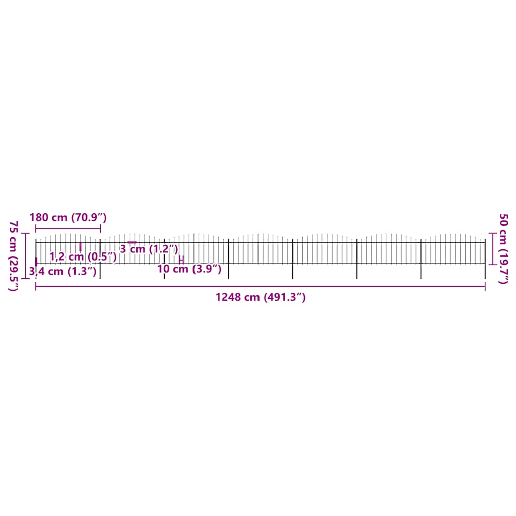 havehegn med spydtop (0,5-0,75) x 11,9 m sort stål