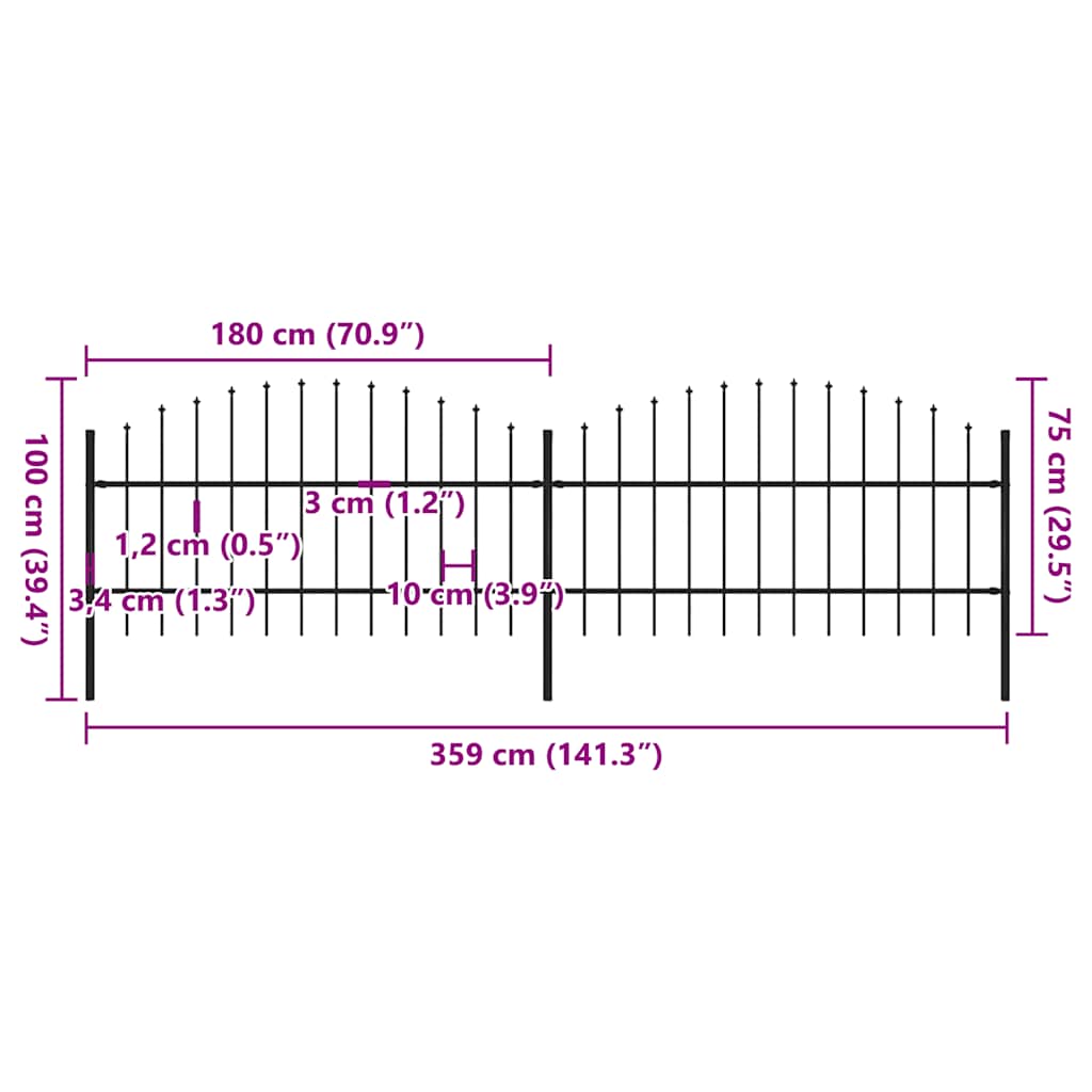 havehegn med spydtop stål 359x100 cm sort