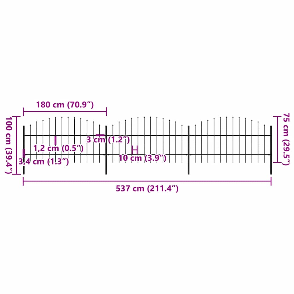havehegn med spydtop stål 537x100 cm sort