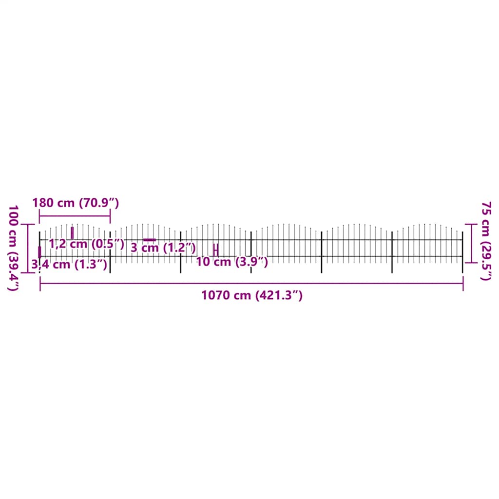 havehegn med spydtop stål 1070x100 cm sort