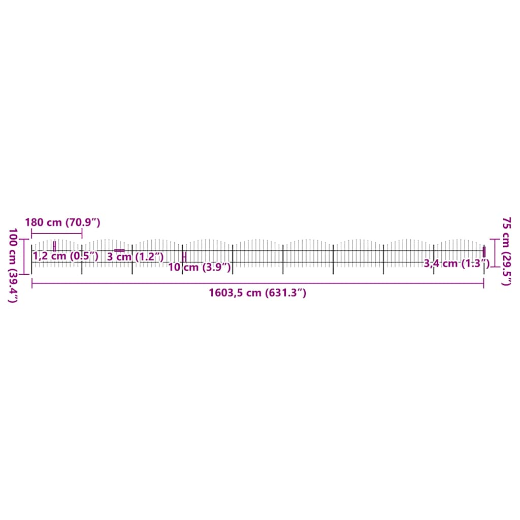 havehegn med spydtop stål 1603,5x100 cm sort