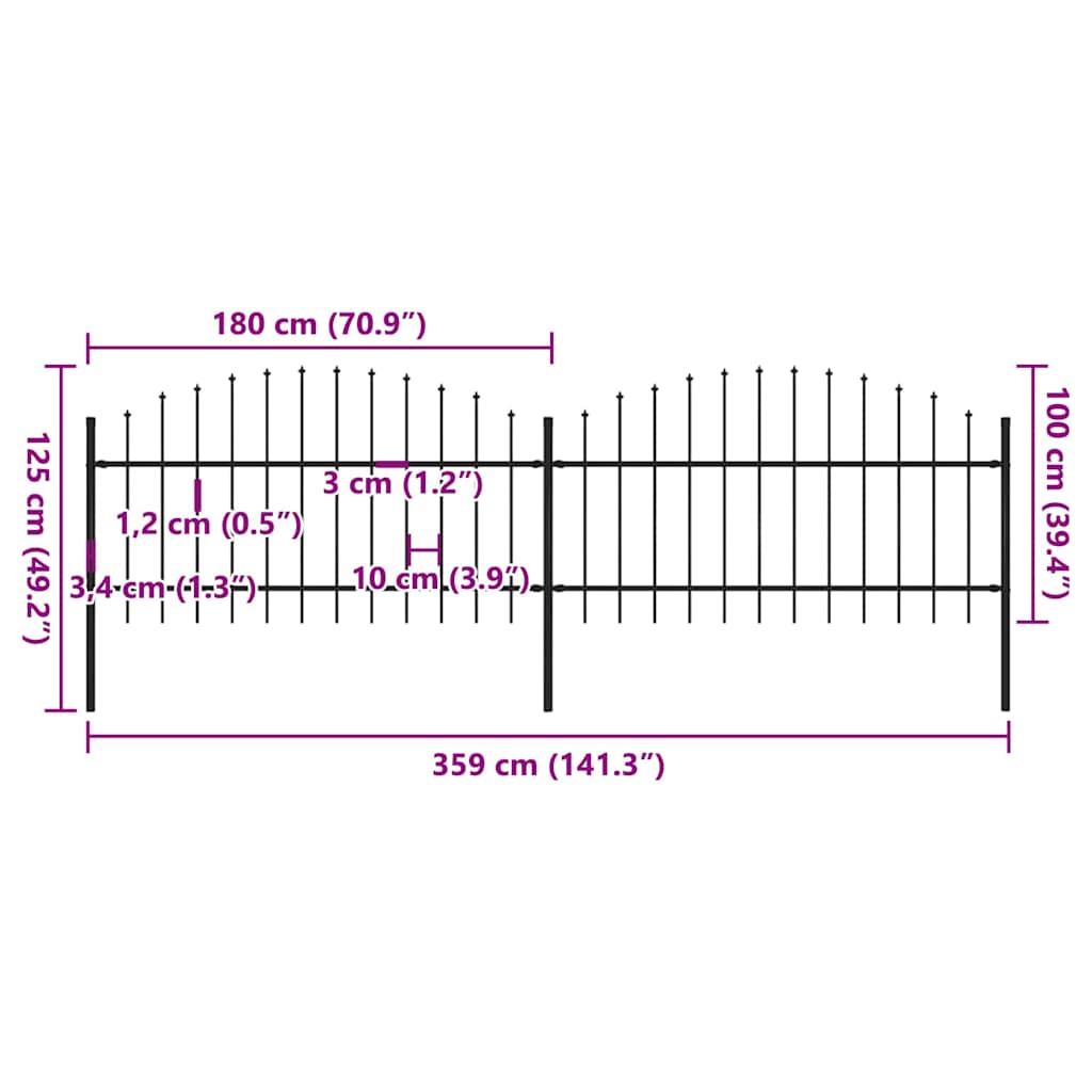 havehegn med spydtop stål 359x125 cm sort