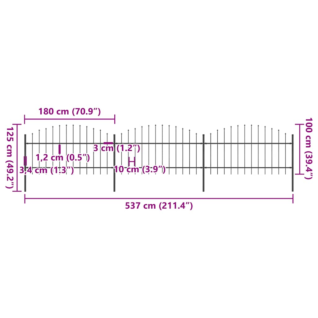 havehegn med spydtop stål 537x125 cm sort