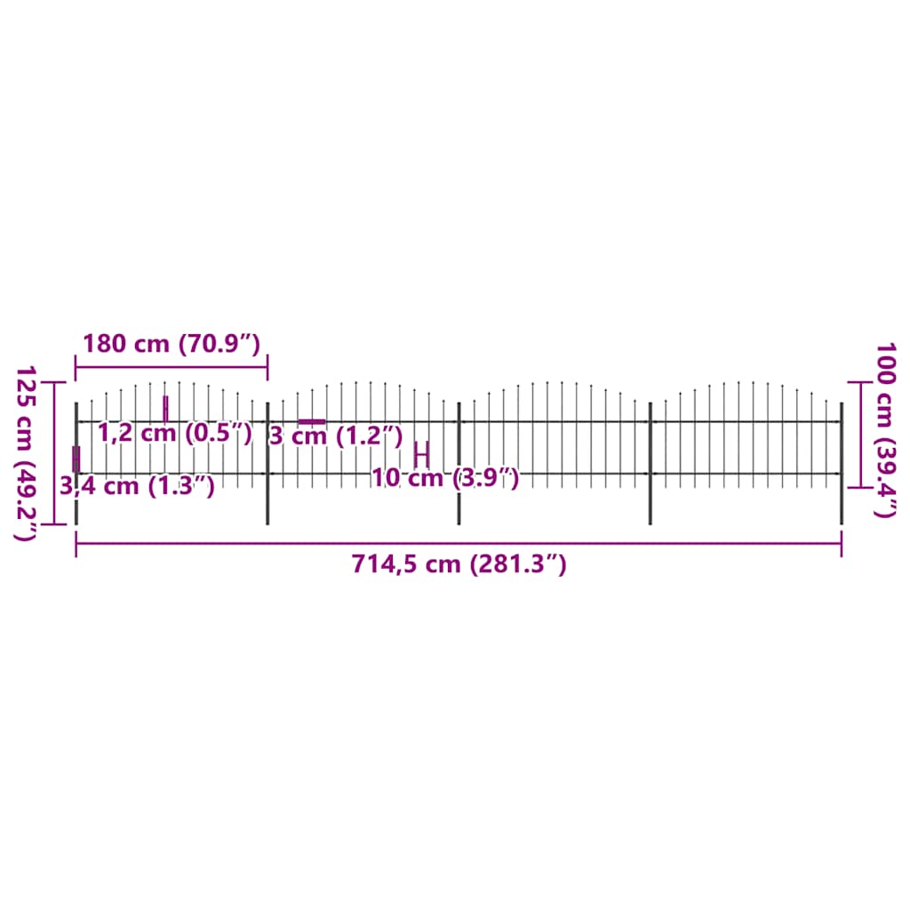 havehegn med spydtop stål 714,5x125 cm sort