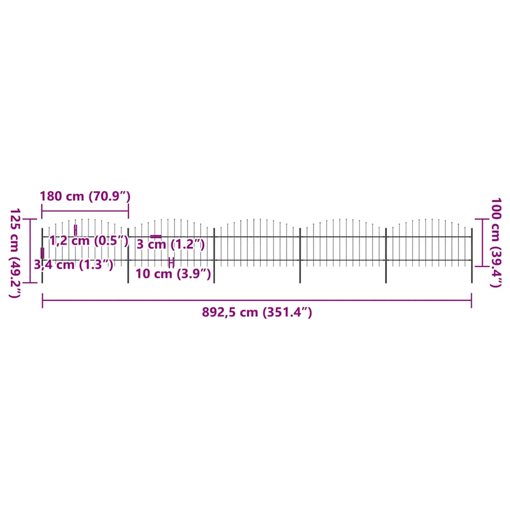 havehegn med spydtop stål 892,5x125 cm sort