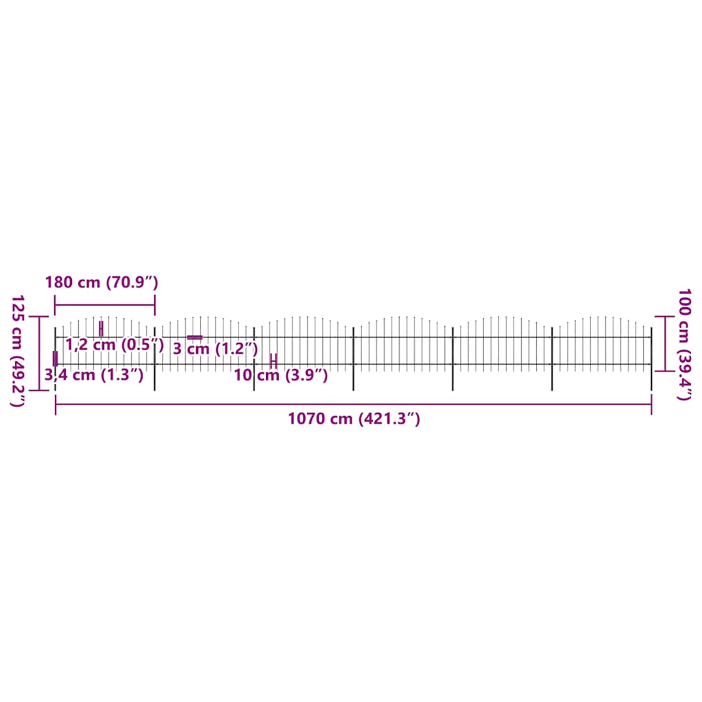 havehegn med spydtop stål 1070x125 cm sort