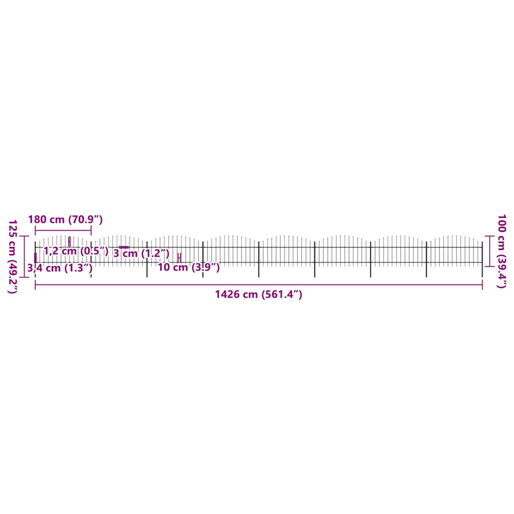 havehegn med spydtop (1-1,25) x 13,6 m sort stål