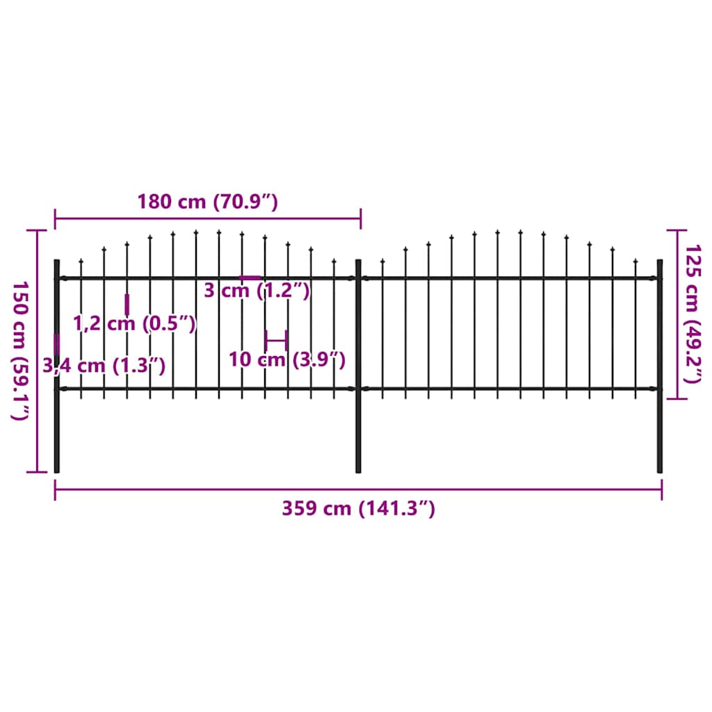 havehegn med spydtop stål 359x150 cm sort