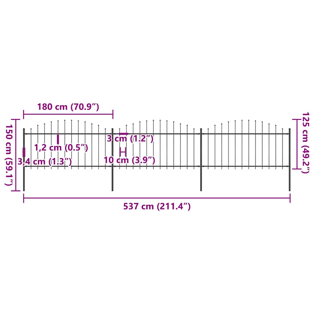 havehegn med spydtop stål 537x150 cm sort