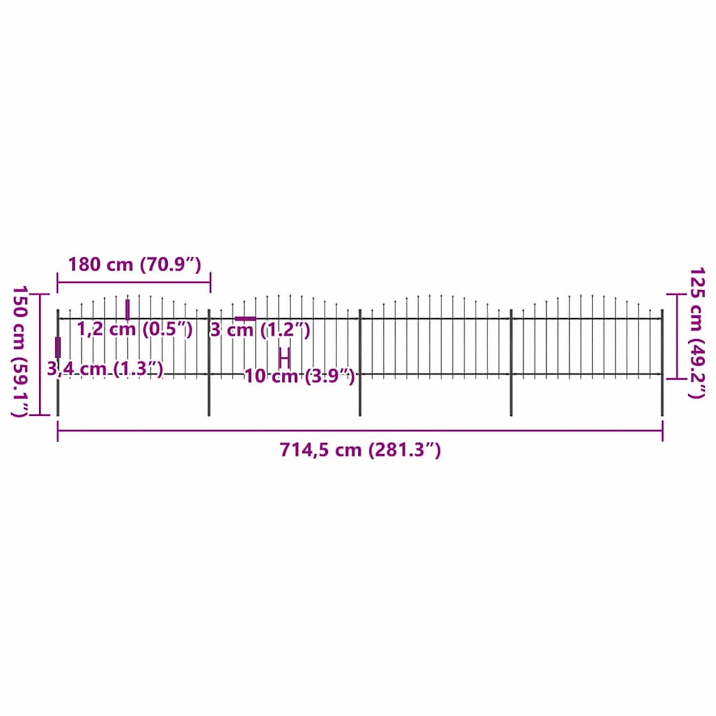 havehegn med spydtop stål 714,5x150 cm sort