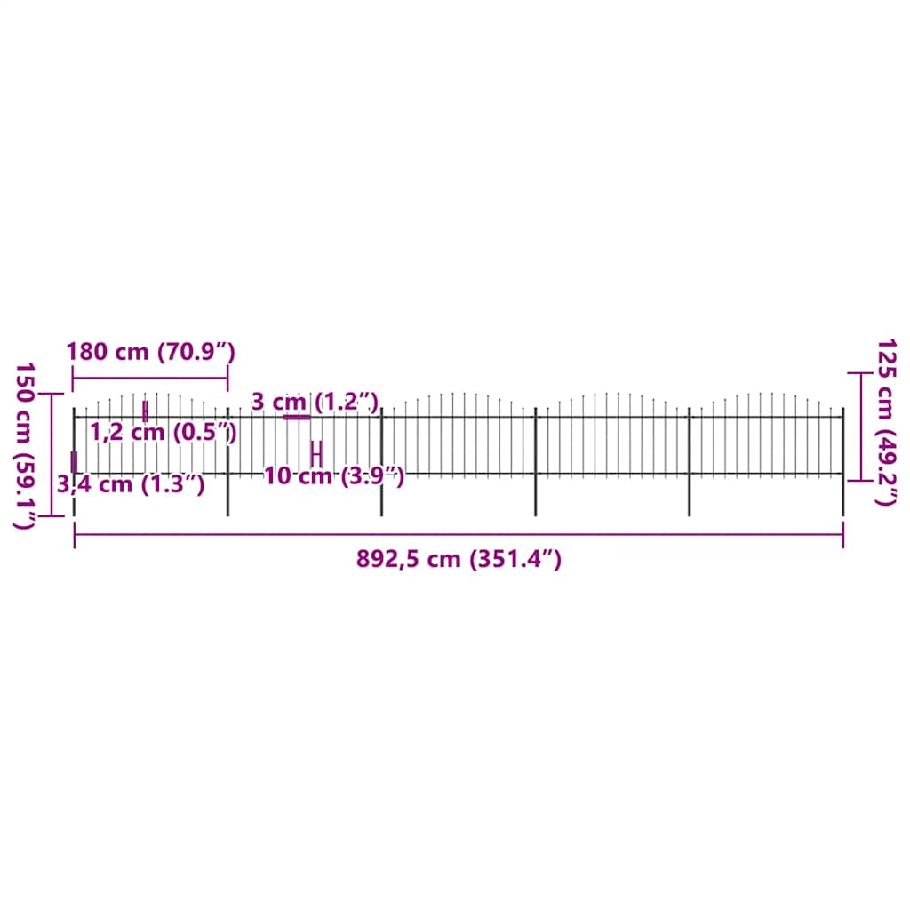 havehegn med spydtop stål 892,5x150 cm sort