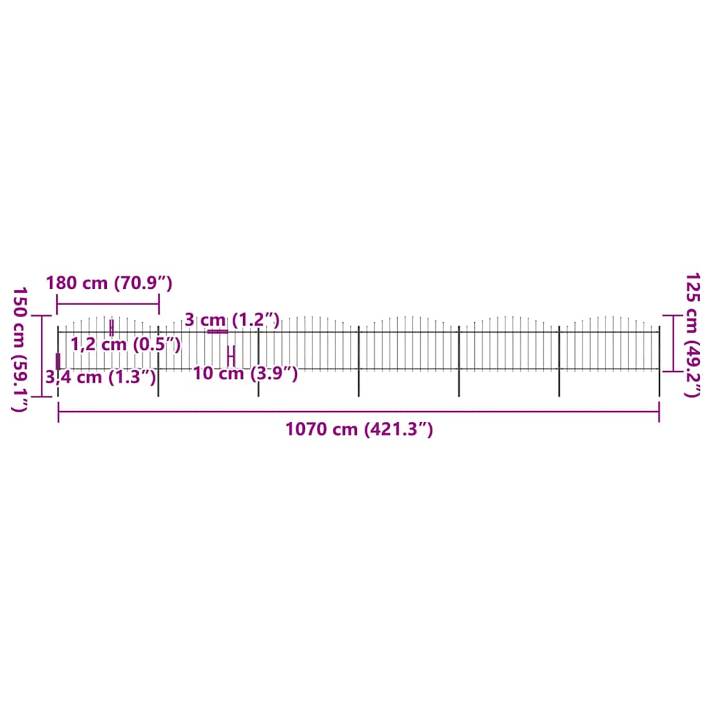 havehegn med spydtop stål 1070x150 cm sort