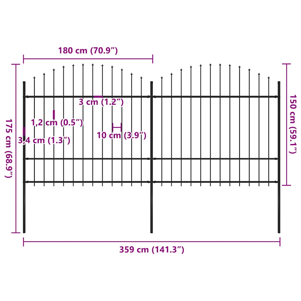 havehegn med spydtop stål 359x175 cm sort