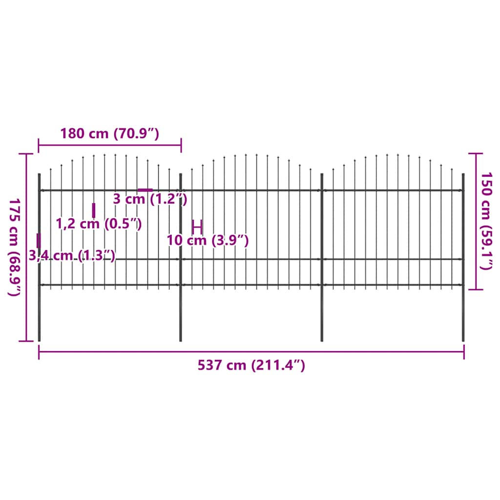 havehegn med spydtop stål 537x175 cm sort