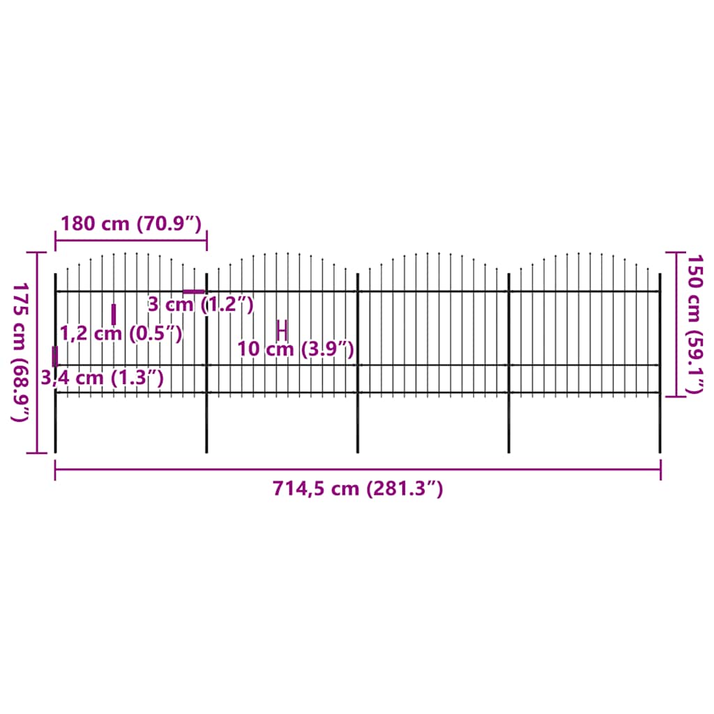 havehegn med spydtop stål 714,5x175 cm sort