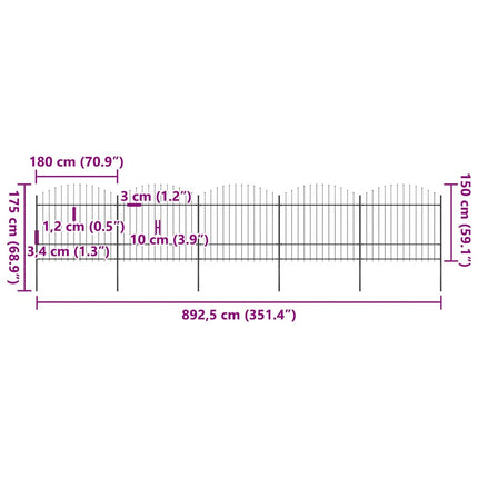 havehegn med spydtop stål 892,5x175 cm sort