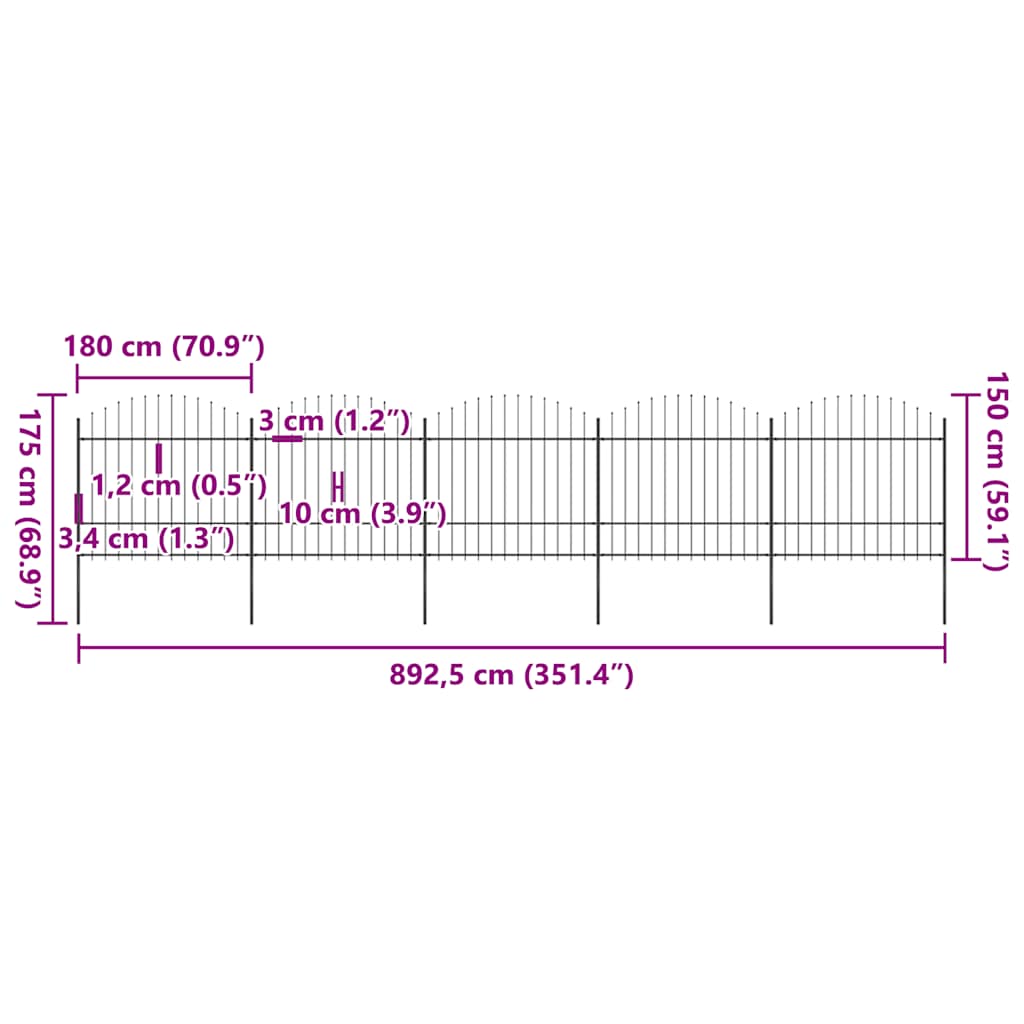 havehegn med spydtop stål 892,5x175 cm sort