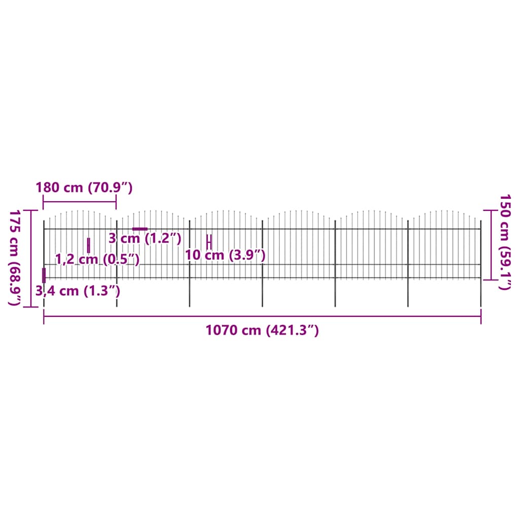 havehegn med spydtop stål 1070x175 cm sort