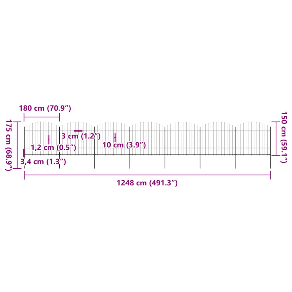 havehegn med spydtop stål 1248x175 cm sort