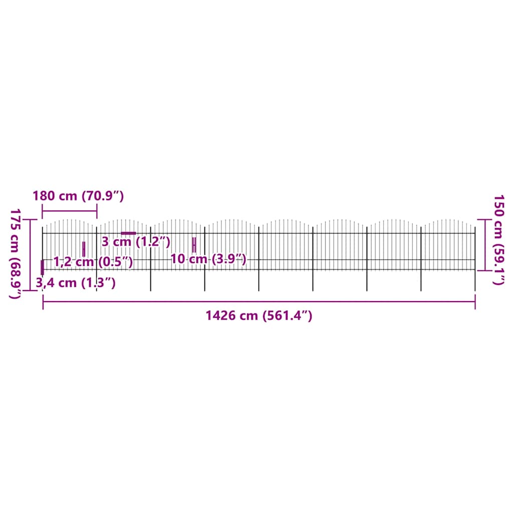 havehegn med spydtop stål 1426x175 cm sort