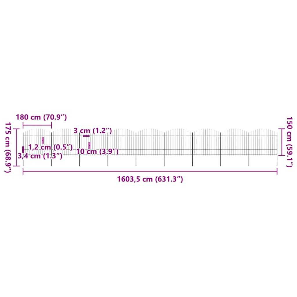 havehegn med spydtop (1,5-1,75) x 15,3 m sort stål