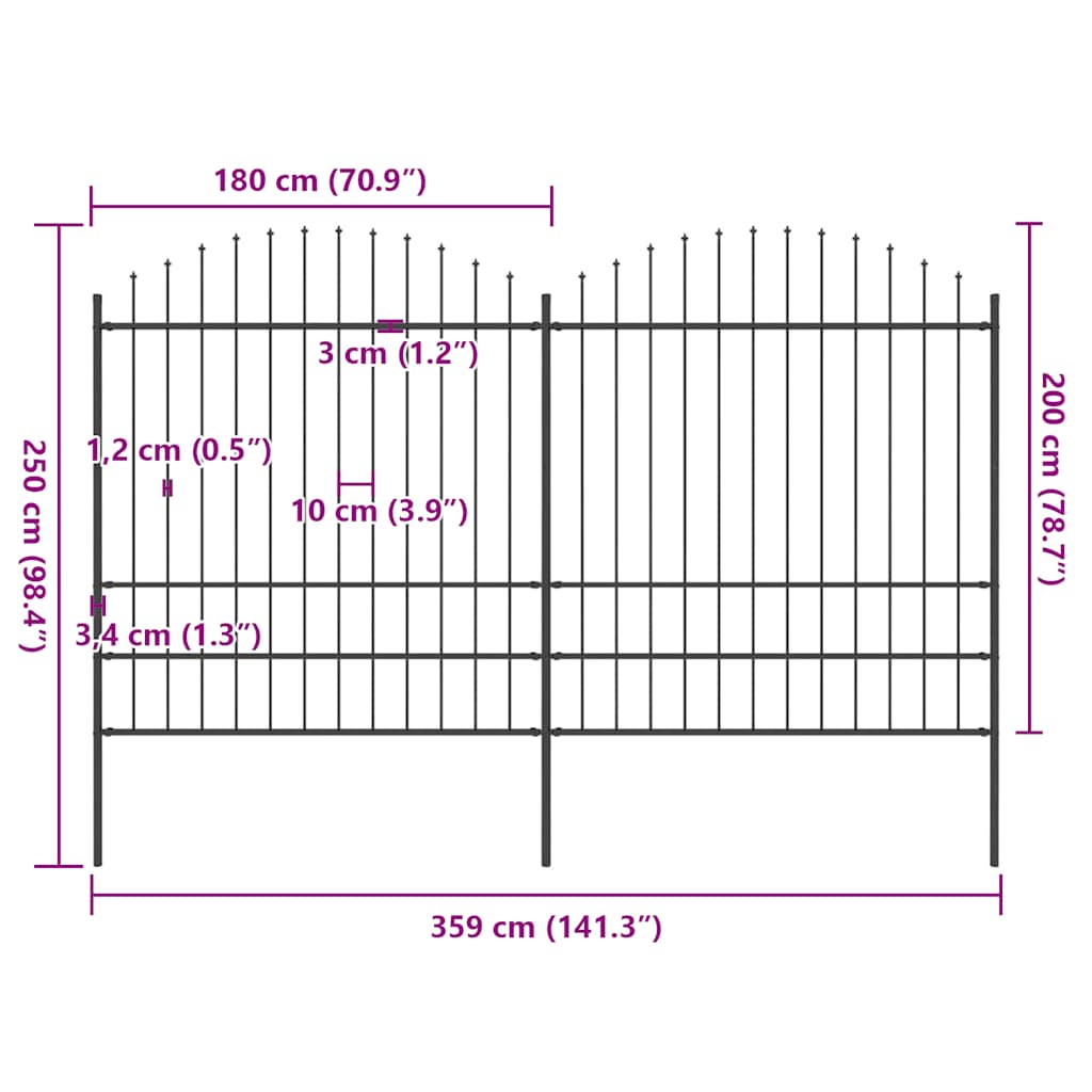 havehegn med spydtop stål 359x200 cm sort