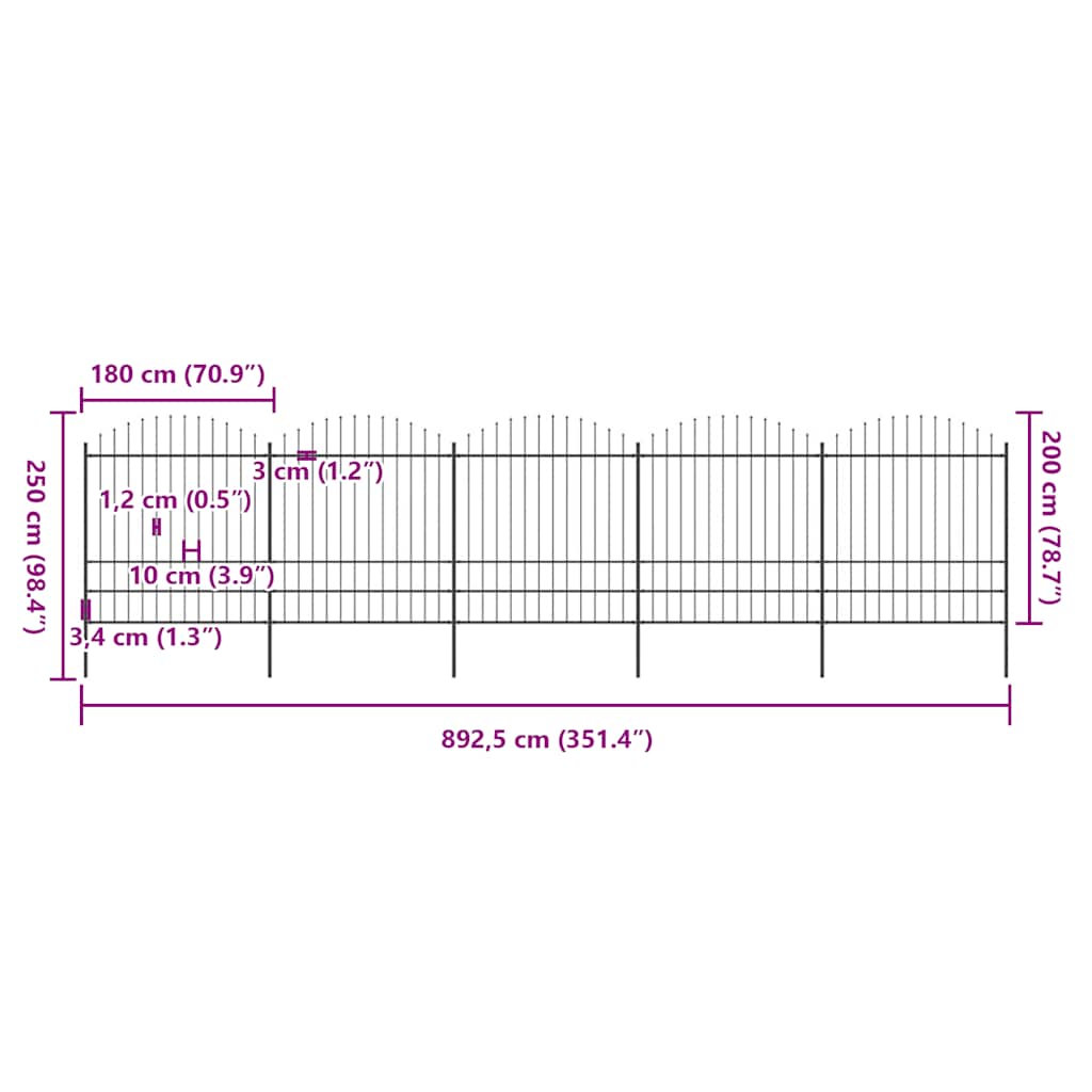 havehegn med spydtop stål 892,5x200 cm sort