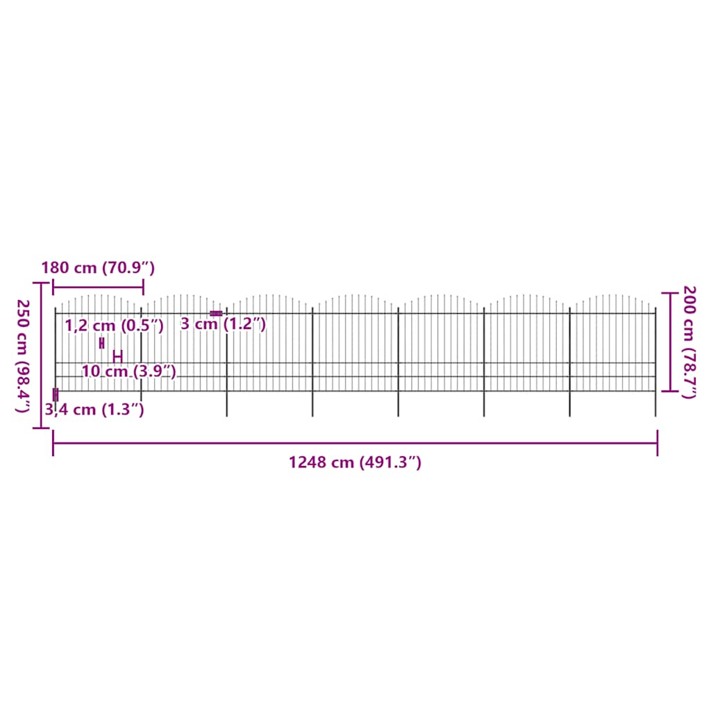 havehegn med spydtop stål 1248x200 cm sort
